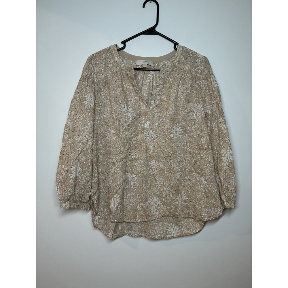 LOFT Floral Split Neck 3/4 Sleeve Pullover Blouse Glitter Accent Size L